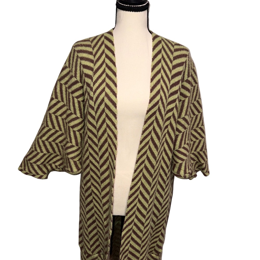 Boho Chevron Herringbone Handmade Duster Cardigan Women M Green Brown
